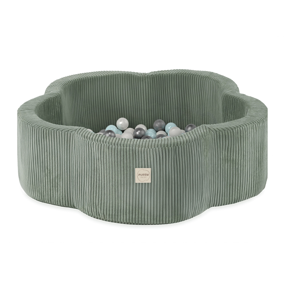 PLUSH NEST Trockenblumenpool, 95 × 30 cm, grün, Premium-Cord, Floral Fun Zone, 200 Bälle: Perlmutt, Mint, Silber