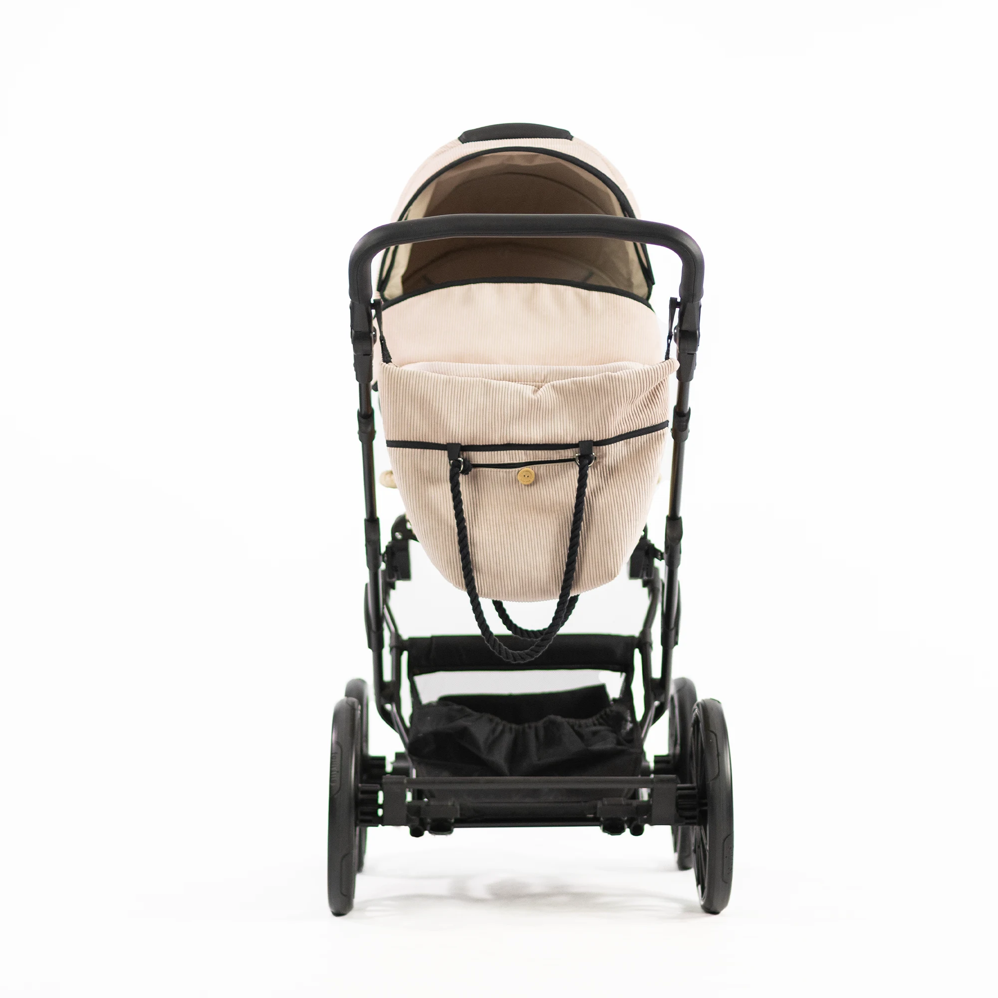 Korbkinderwagen "Litus" - Zartrosa Cordstoff - Handgeflochten - 100% Naturweide - mit 81cm großer Liegefläche - mit Riemenfederung - 14 Zoll Räder - Wickeltasche