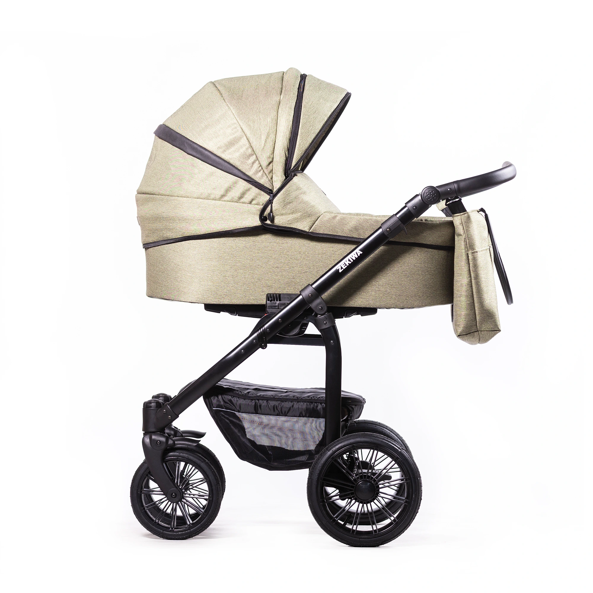 Kinderwagen "Green Black" Saturn Royal 12Zoll / 10Zoll Lufträder - XXL Wanne mit 81cm Liegefläche - inkl. Sportwagenaufsatz und Wickeltasche