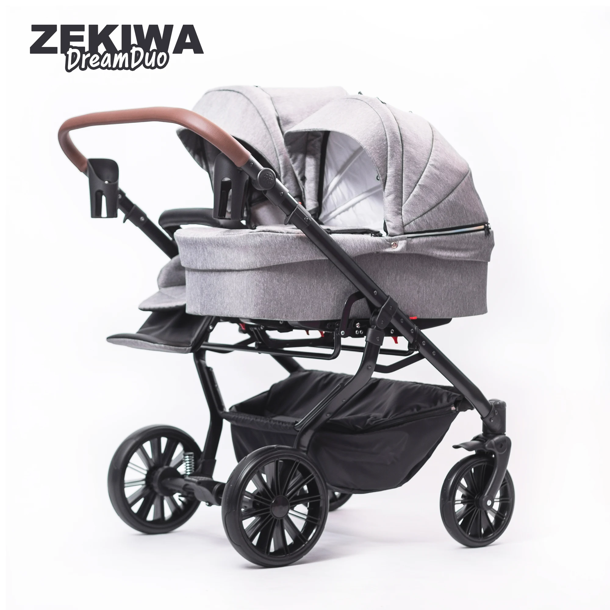 ZEKIWA DreamDuo [+ SPORTWAGENAUFSATZ] Zwillingswagen 3 in 1, Geschwisterwagen Gestell schwarz + Wickeltasche + Regenschutz einfachen Klappsystem