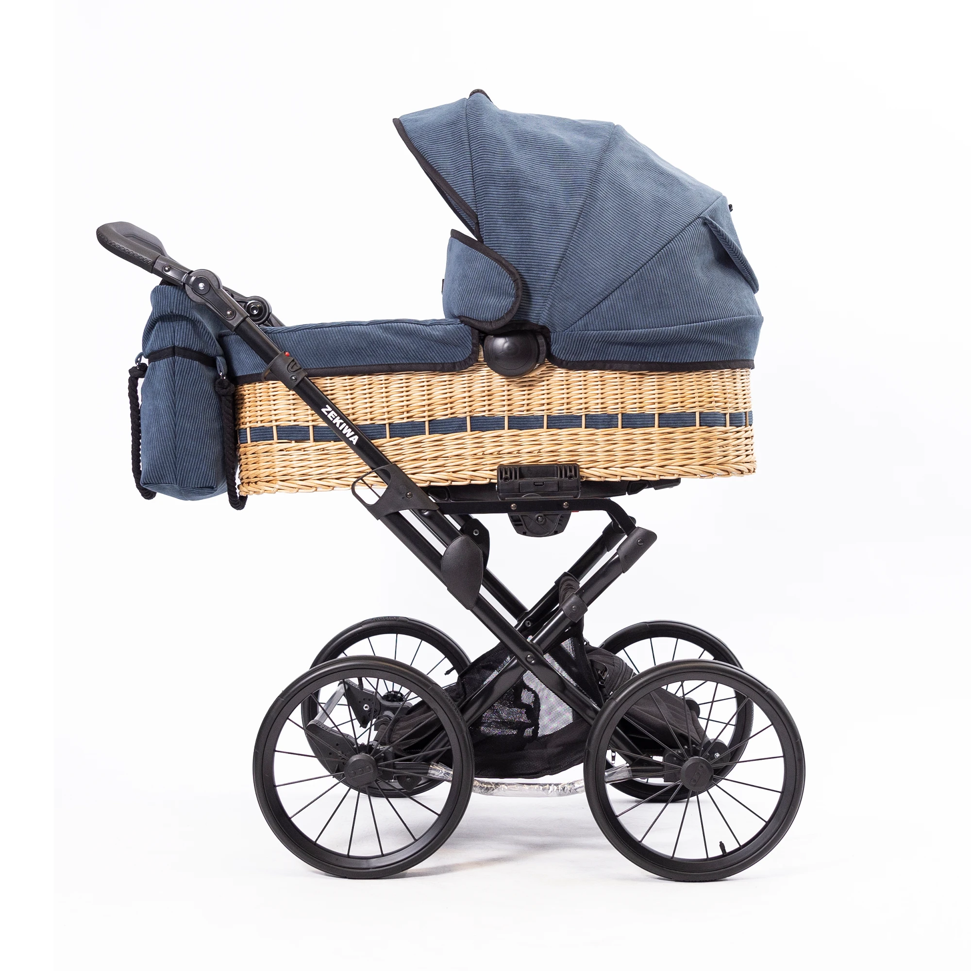 Korbkinderwagen "Litus"  Blauer Cordstoff mit 81cm Liegefläche - Handgeflochten - 100% Naturweide - mit Riemenfederung - 14 Zoll Räder -