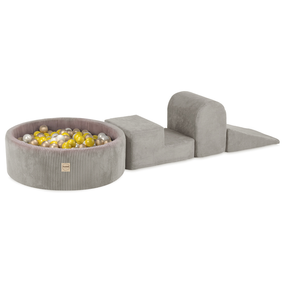 PLUSH NEST Spielplatz 3-teilig + Trockenbecken 90×30 (+200 Bälle: Perlmutt, Gold, Gelb), Beige, Premium-Cord