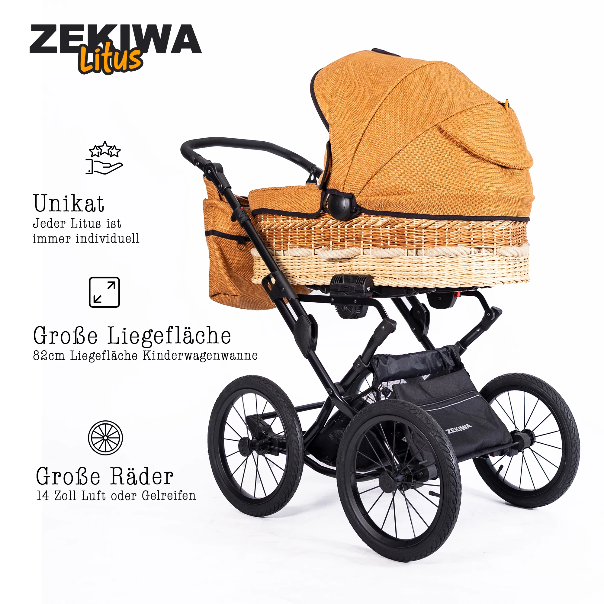 Korbkinderwagen "Litus" - Orange - 100% Naturweide - regionale Handarbeit- Riemenfederung - mit großer 81cm Liegefläche und Wickeltasche