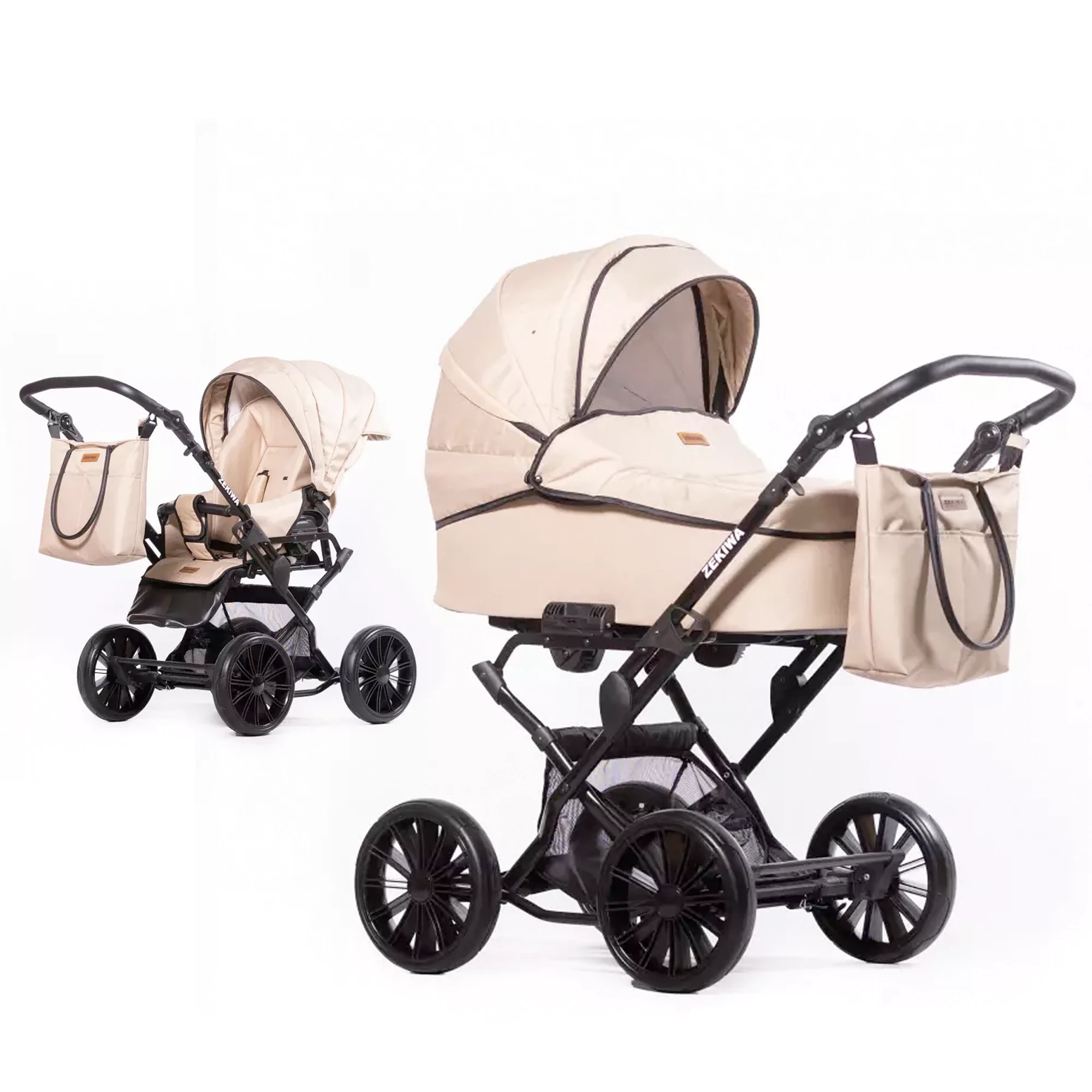 Kinderwagen "Sand" Touring Max 12Zoll Gelräder - XXL Wanne mit 81cm Liegefläche - inkl. Sportwagenaufsatz und Wickeltasche