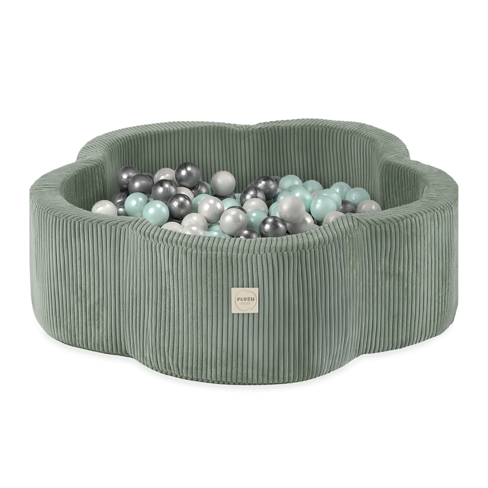 PLUSH NEST Trockenblumenpool, 95 × 30 cm, grün, Premium-Cord, Floral Fun Zone, 300 Bälle: Perlmutt, Perlmint, Silber