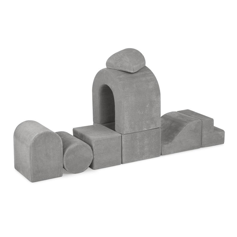 PLUSH NEST Spielplatzburg mit Pool + 150 Bällen (Perlmutt, Silber), hochwertiger grauer Cord