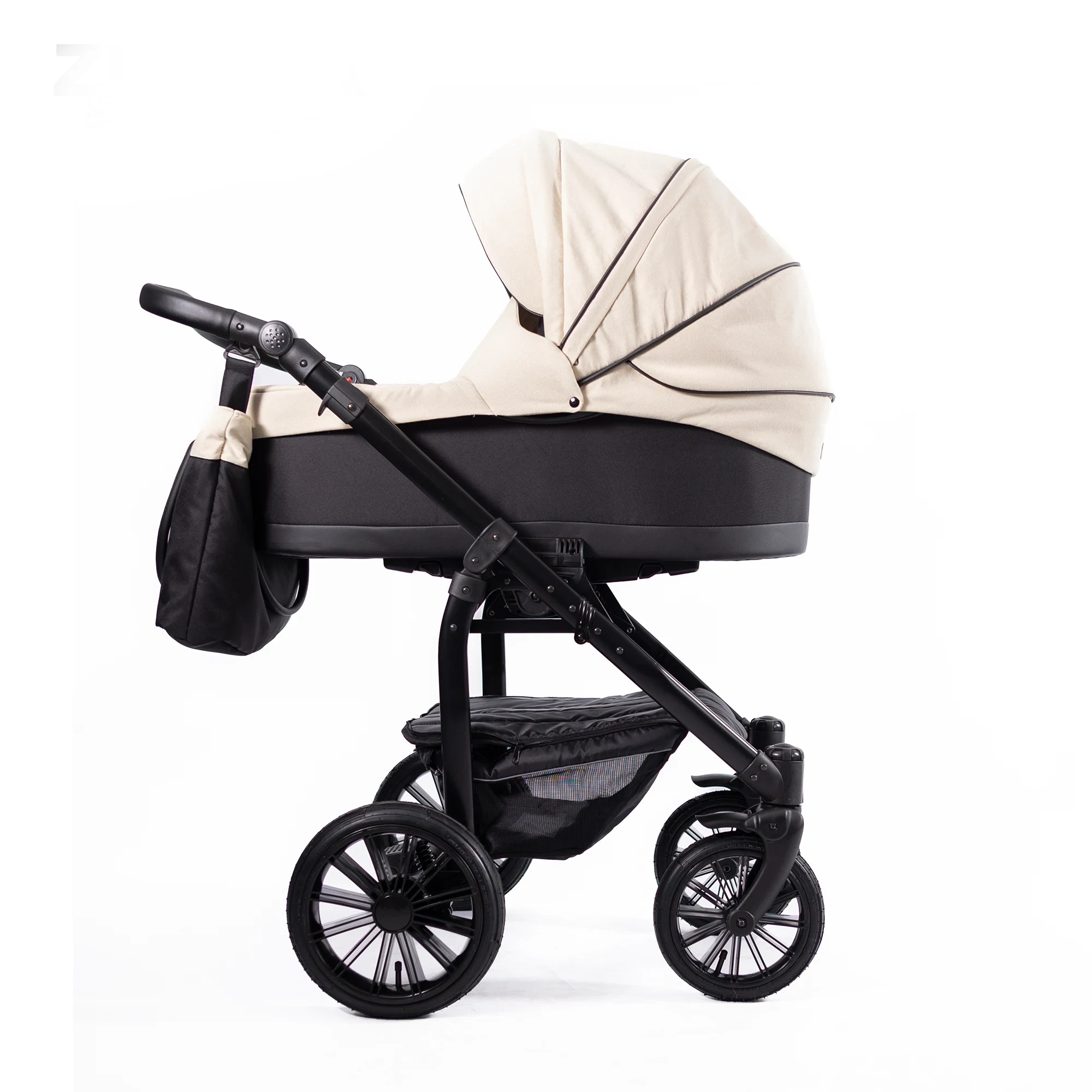 Kombikinderwagen Saturn Royal -Special Edition Beige Black- [81cm Liegefläche] - bewegliche Vorderräder - inkl. Sportwagenaufsatz und Wickeltasche