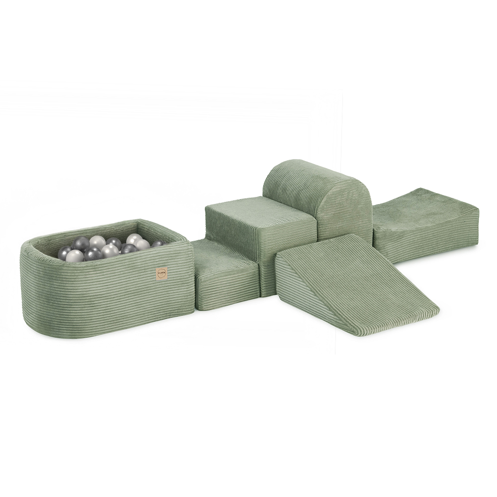 PLUSH NEST Mini-Spielplatz (+Pool und 100 Bälle), grün, Premium-Cord (Perlmutt und Silber)