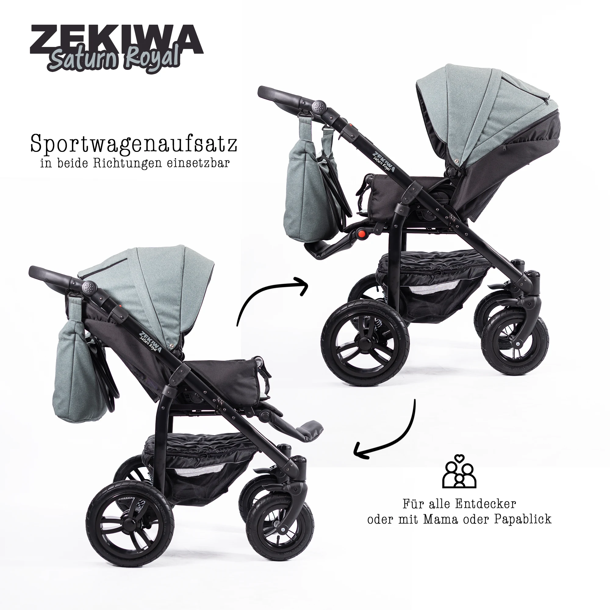 ZEKIWA Kinderwagen 3 in 1 mit 81cm XL Liegefläche - Komplettpaket + Sportwagenaufsatz + Regenschutz + Insektenschutz + Wickeltasche | Saturn Royal