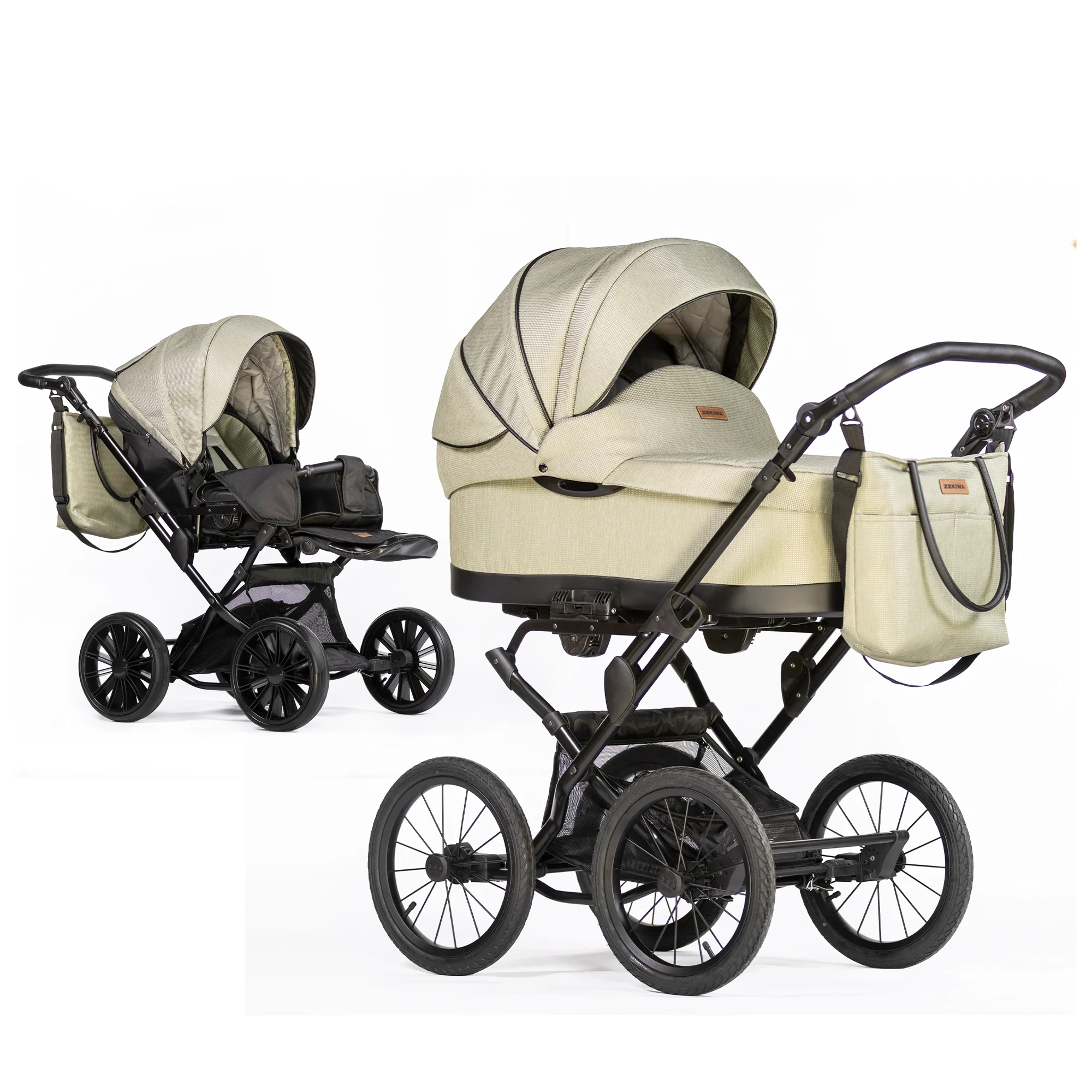 ZEKIWA 2 in 1 Kinderwagen "Olive" mit 81cm XL Liegefläche + Riemenfederung + Sportwagenaufsatz + 12Zoll oder 14 Zoll Räder  