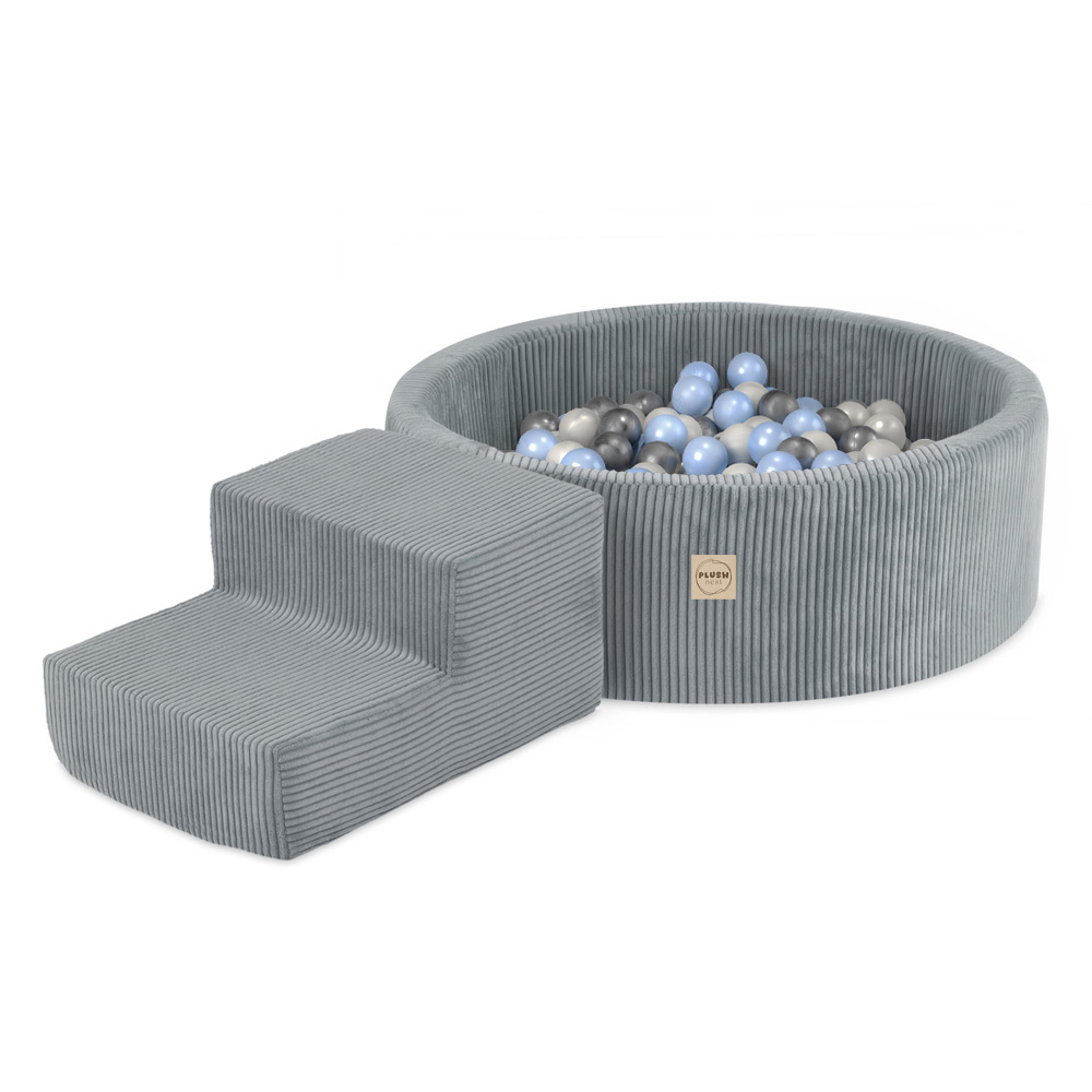 PLUSH NEST Spielplatz-Trockenplanschbecken 90×30 + Stufe (+200 Bälle: Perlmutt, Silber, Hellblau), Grau, Premium-Cord