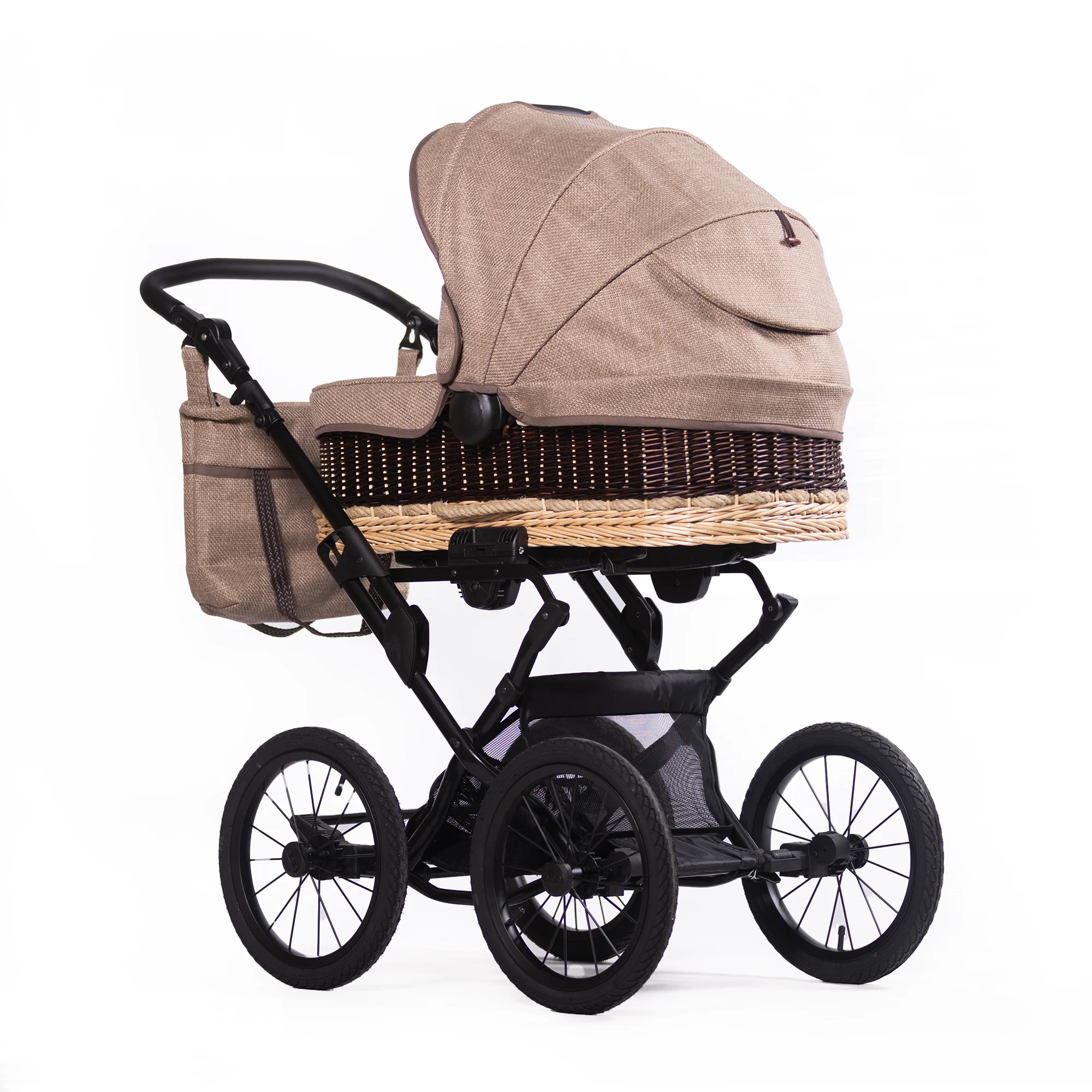 Korbkinderwagen "Litus" - in einem warmen Graubraun - 100% Naturweide, Lederriemenfederung + 14 Zoll große Räder - mit großer 81cm Liegefläche + Wickeltasche