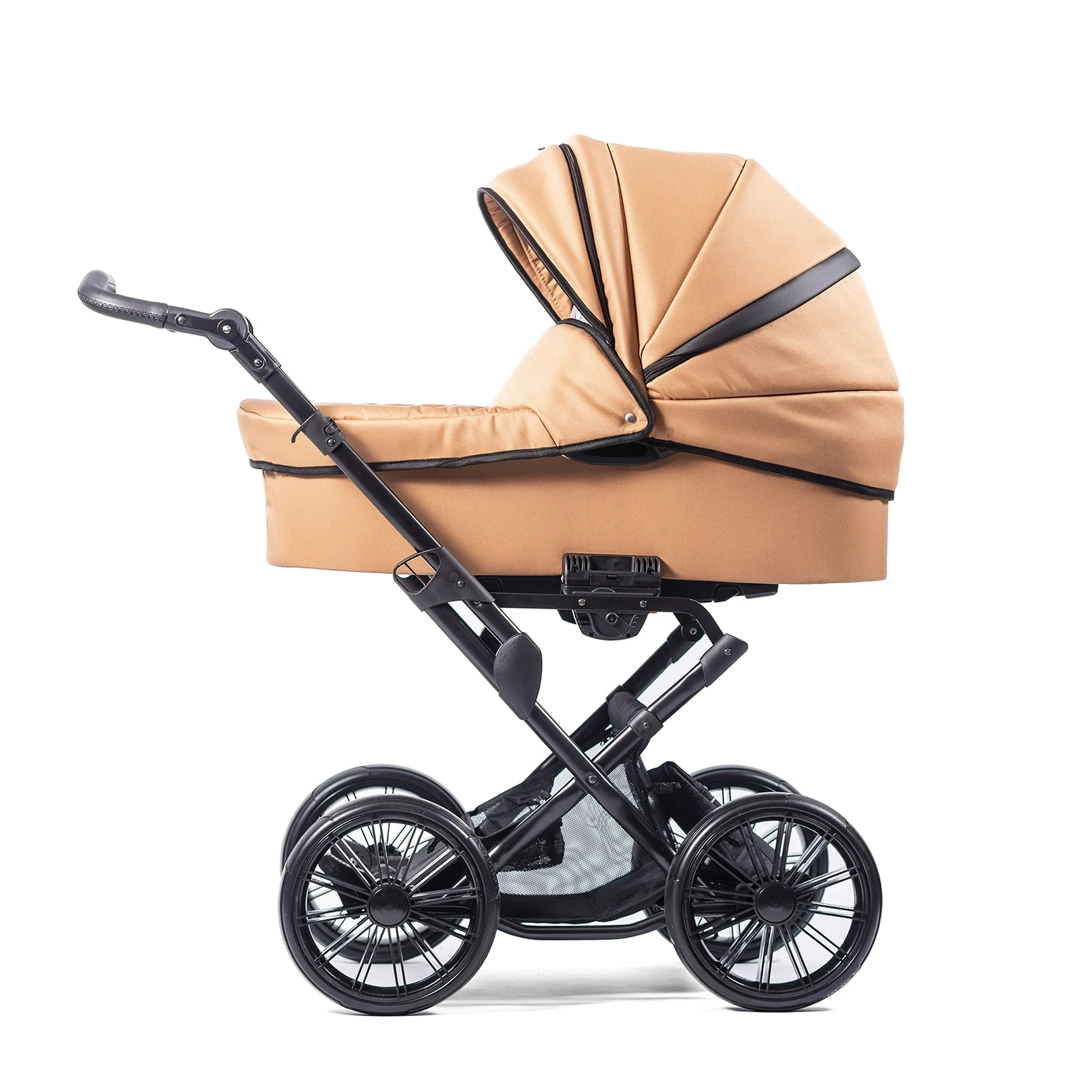 Kombikinderwagen Touring Max "Mangozauber"  [81cm Liegefläche] 4 feste Räder, RIEMENFEDERUNG für jedes Gelände - inkl. Sportwagenaufsatz, mit Wickeltasche