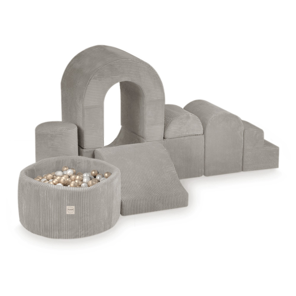 PLUSH NEST Spielplatzburg mit Pool + 150 Bällen (Perlmutt, Gold), hochwertiger beiger Cord