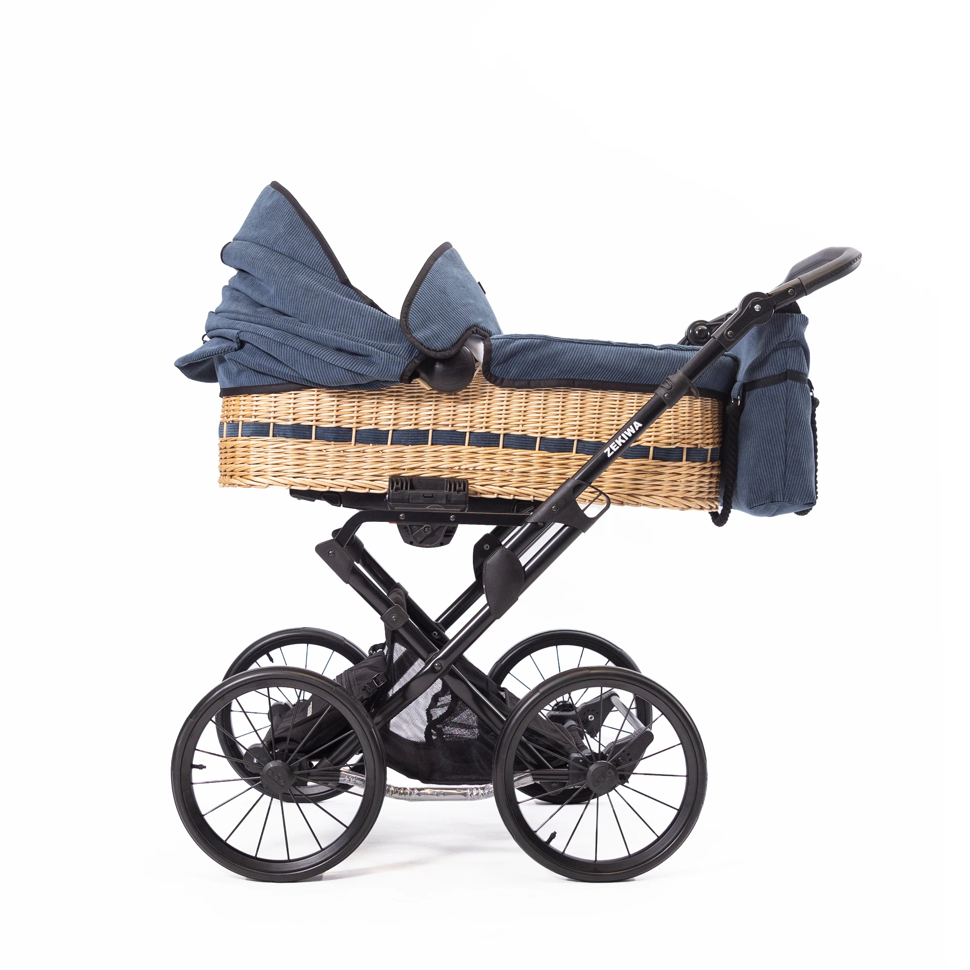 Korbkinderwagen "Litus"  Blauer Cordstoff mit 81cm Liegefläche - Handgeflochten - 100% Naturweide - mit Riemenfederung - 14 Zoll Räder -