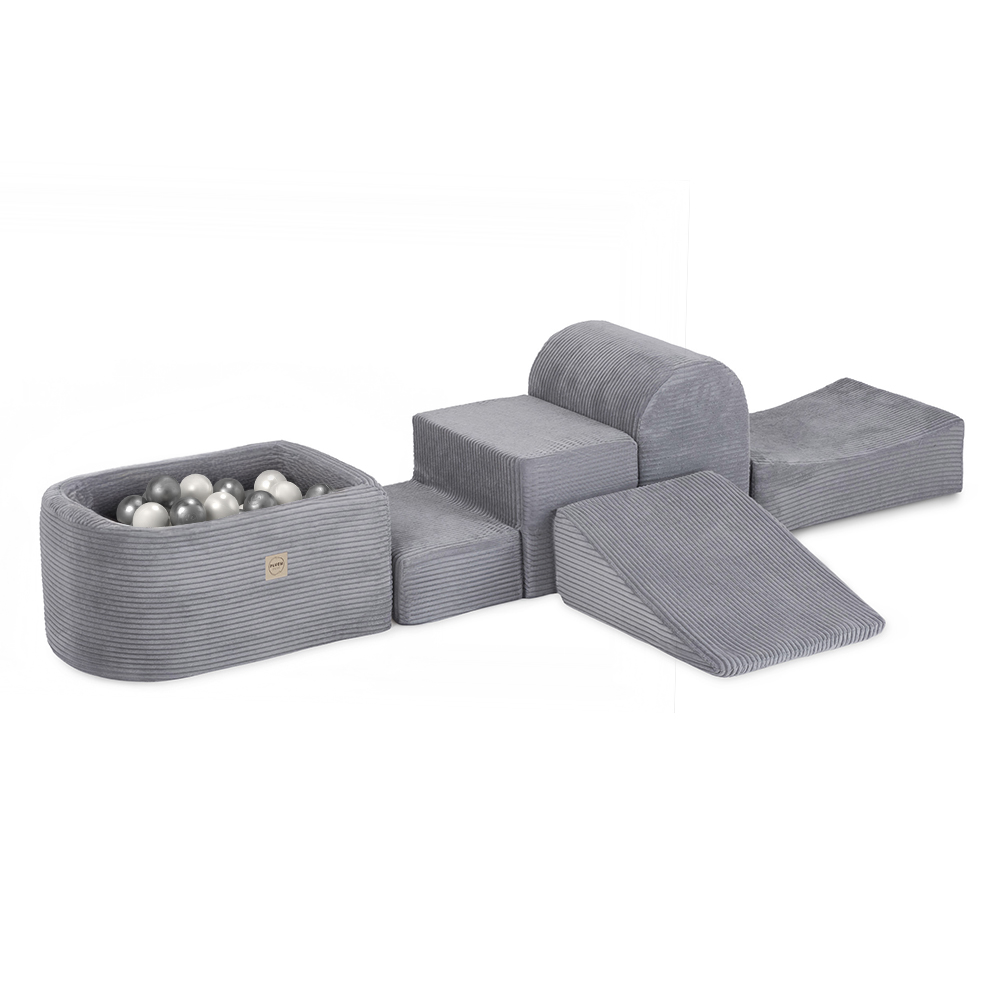 PLUSH NEST Mini-Spielplatz (+Pool und 100 Bälle), grau, Premium-Cord (Perlmutt und Silber)