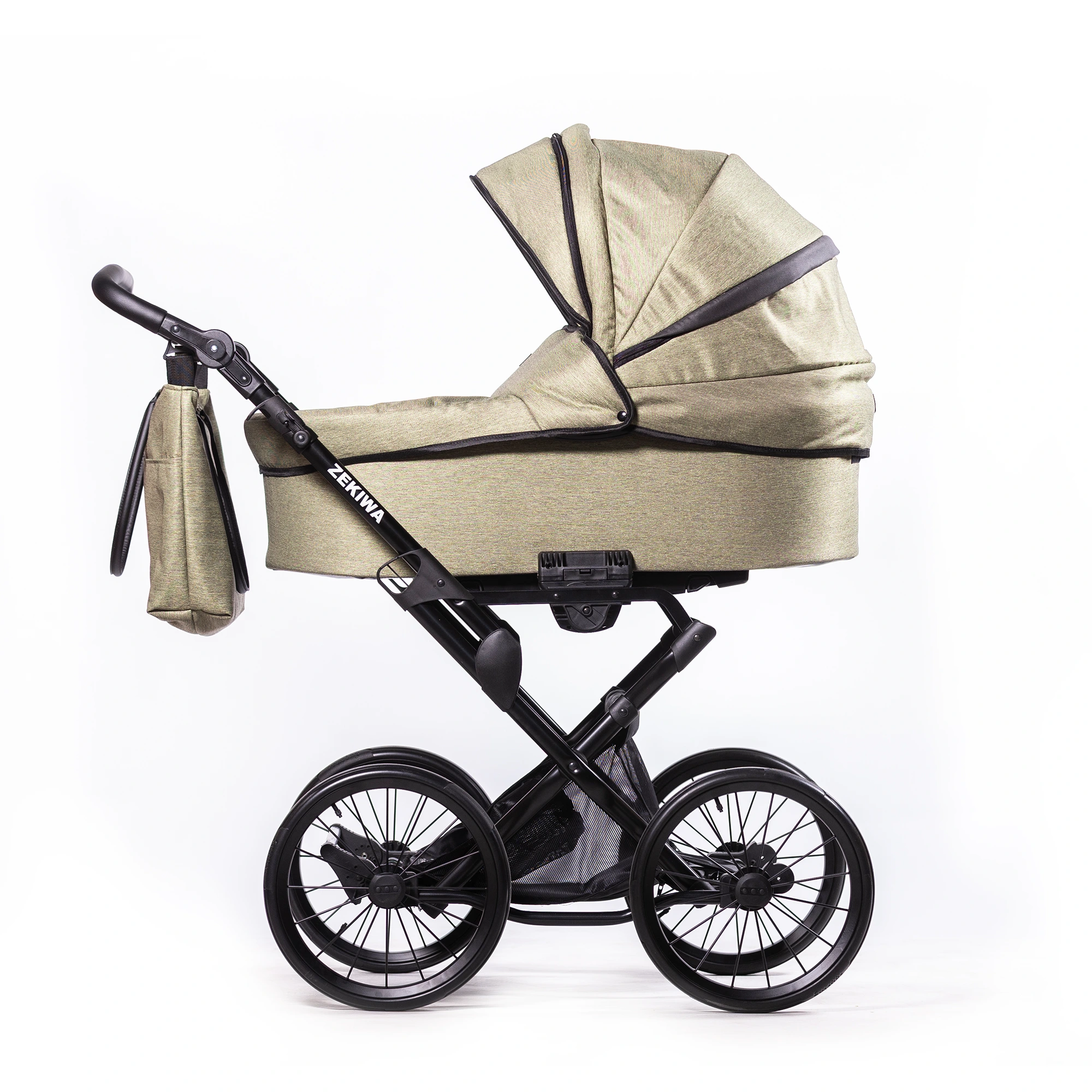 Kinderwagen "Green Black" Touring Max 14Zoll Gelräder - XXL Wanne mit 81cm Liegefläche - inkl. Sportwagenaufsatz und Wickeltasche