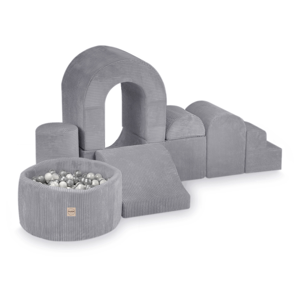 PLUSH NEST Spielplatzburg mit Pool + 150 Bällen (Perlmutt, Silber), hochwertiger grauer Cord