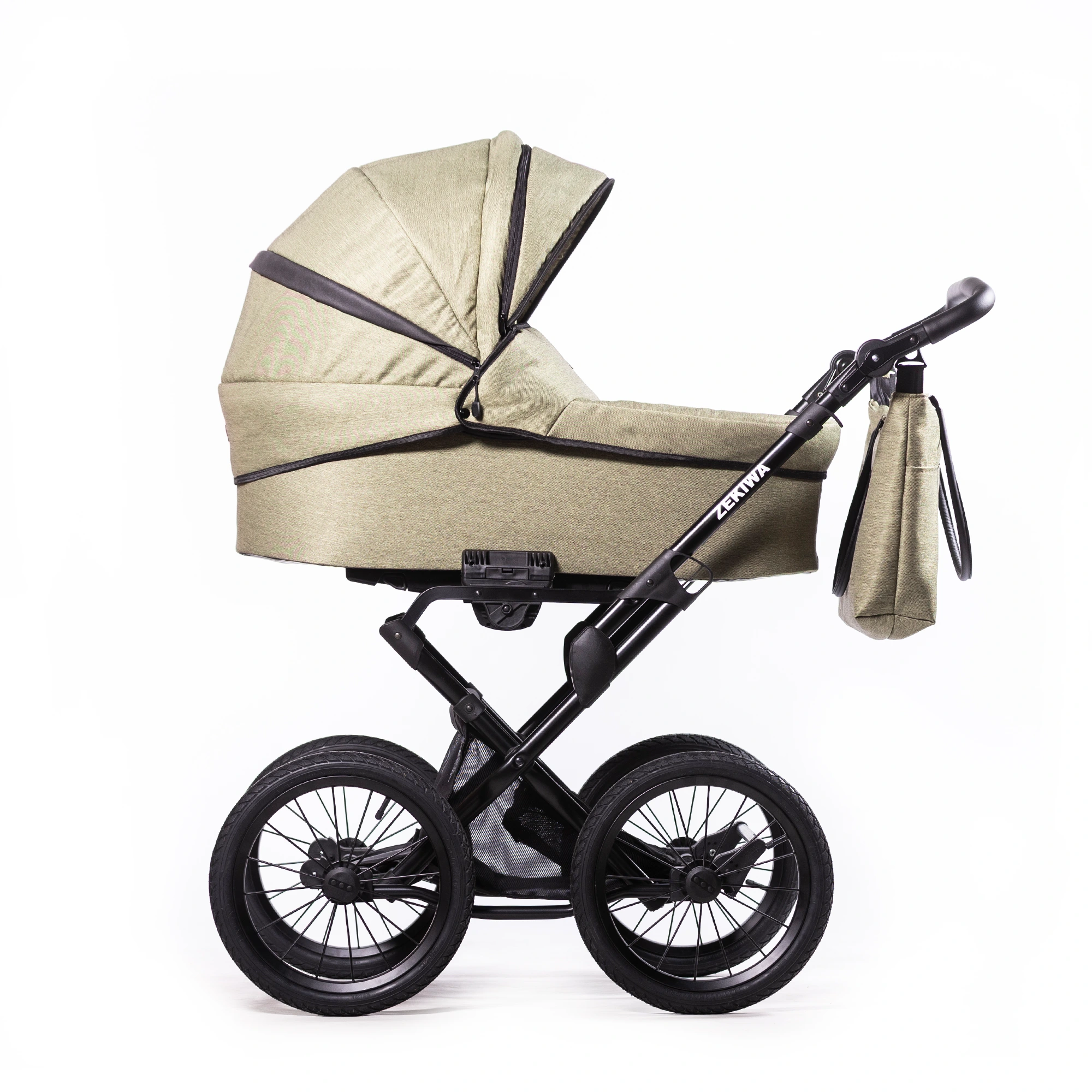 Kinderwagen "Green Black" Touring Max 14Zoll Lufträder - XXL Wanne mit 81cm Liegefläche - inkl. Sportwagenaufsatz und Wickeltasche
