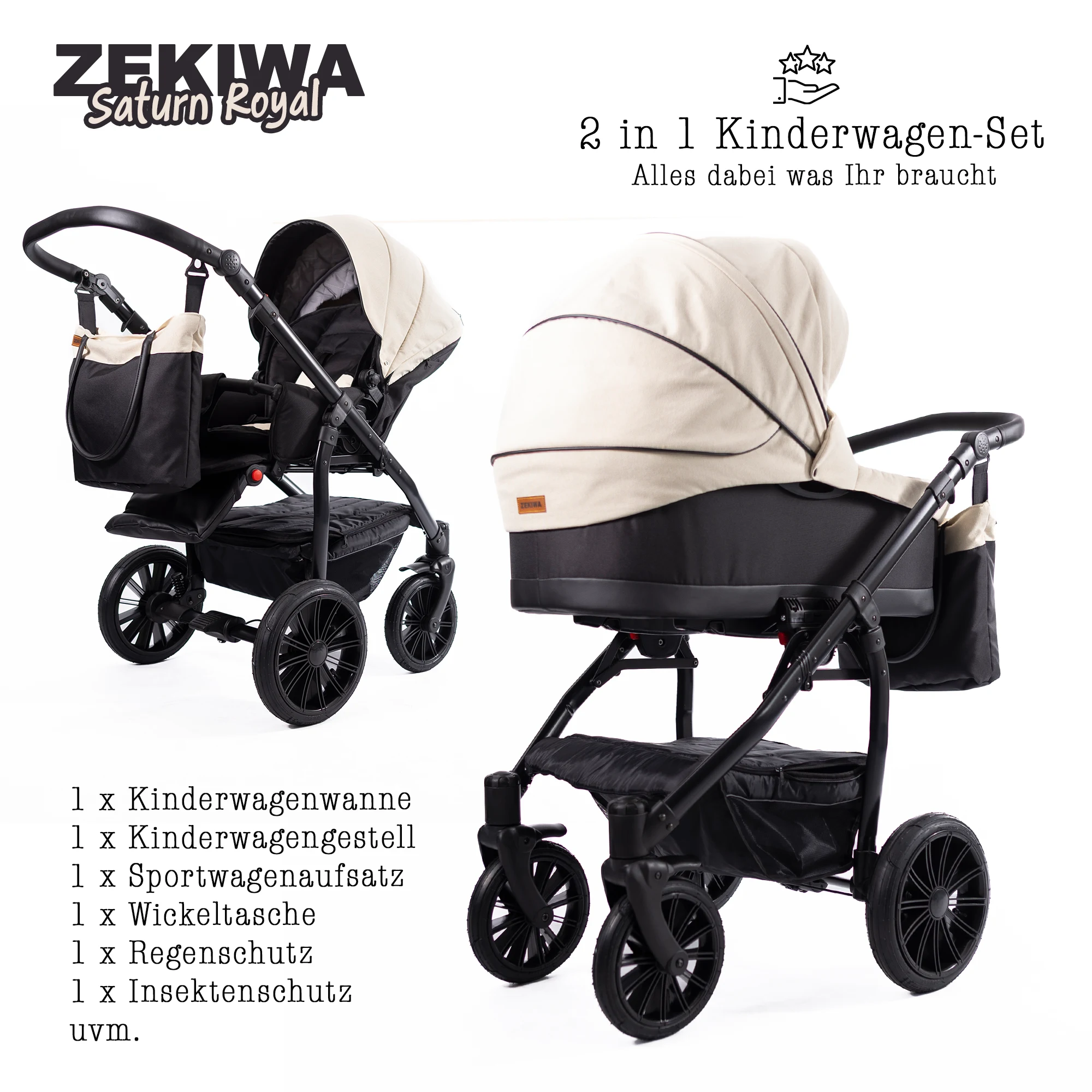 Kombikinderwagen Saturn Royal -Special Edition Beige Black- [81cm Liegefläche] - bewegliche Vorderräder - inkl. Sportwagenaufsatz und Wickeltasche