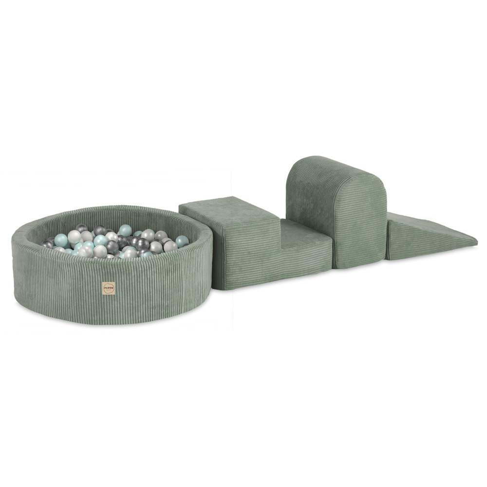 PLUSH NEST Spielplatz 3 Elemente + Trockenbecken 90×30 (+200 Bälle: Perle, Perlmutt, Silber), grün, Premium-Cord