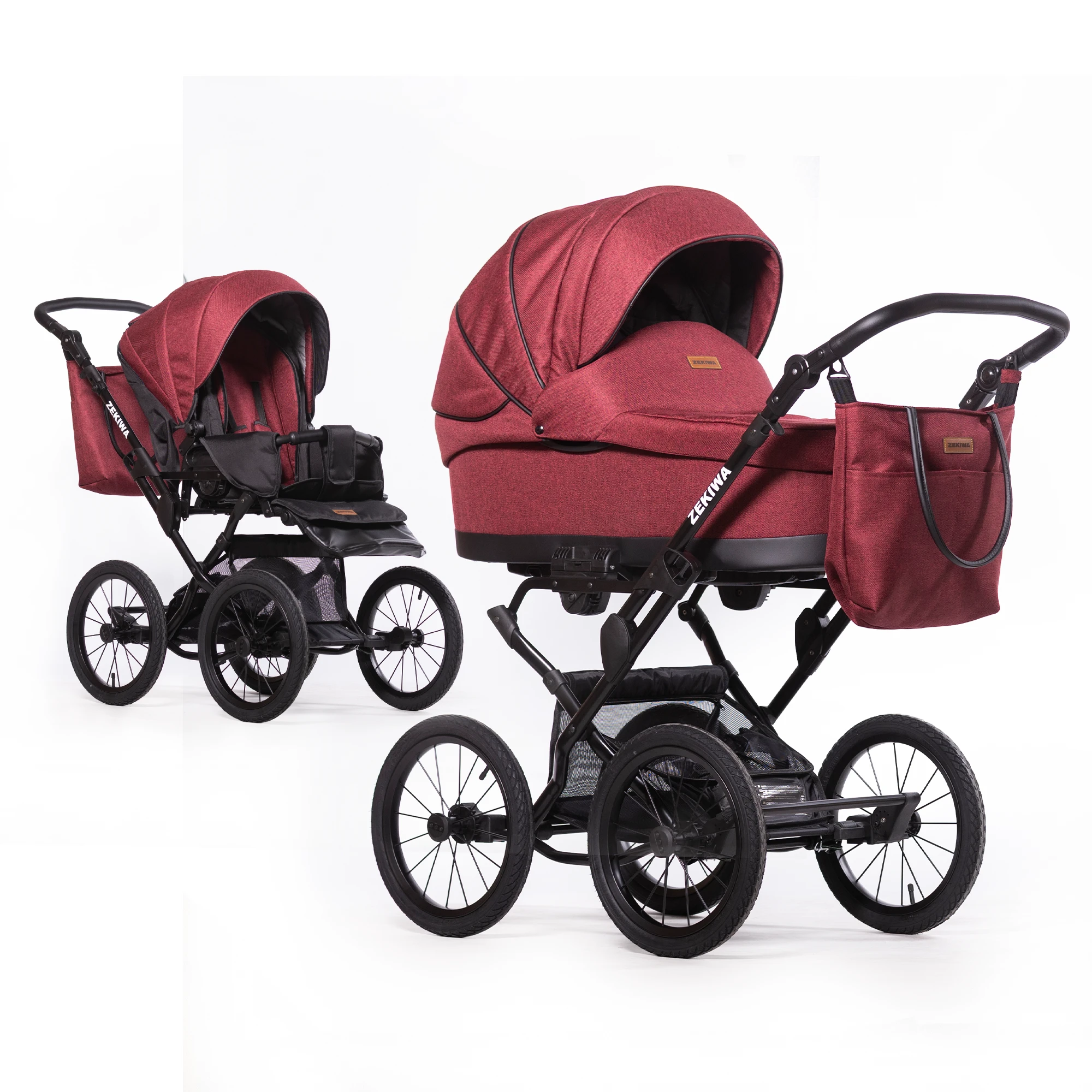 ZEKIWA Kinderwagen "Waldbeere" - XXL Wanne mit 81cm Liegefläche - inkl. Sportwagenaufsatz und Wickeltasche - 12 Zoll oder 14 Zoll Räder