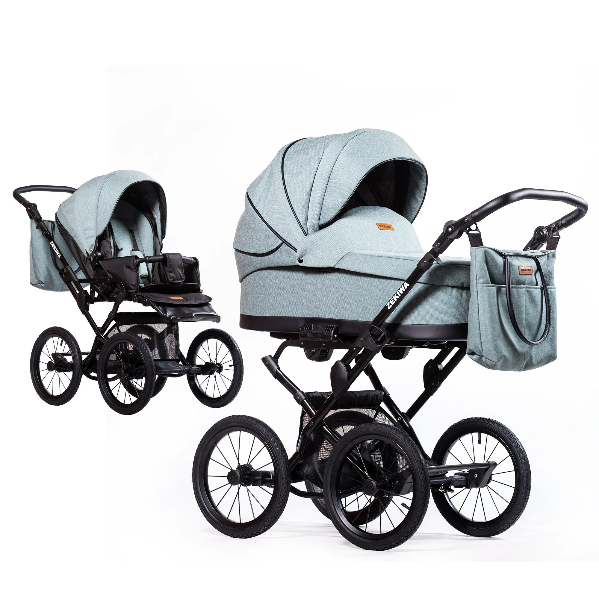 ZEKIWA Kinderwagen "New Green" mit 81cm Liegefläche - 12Zoll oder 14 Zoll große Räder - mit Sportwagenaufsatz und Wickeltasche