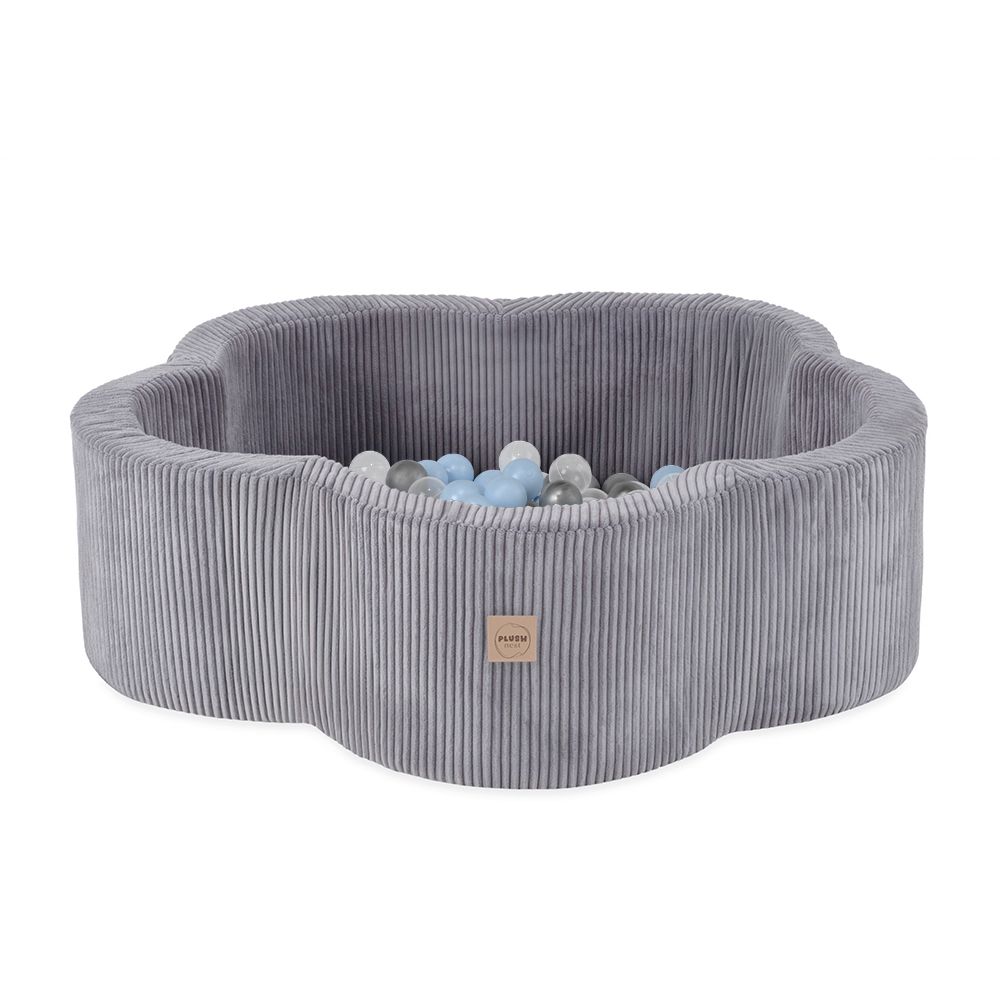 PLUSH NEST Trockenblumenpool, 95 × 30 cm, grau, Premium-Cord, Floral Fun Zone, 200 Bälle: Perlmutt, Silber, Hellblau