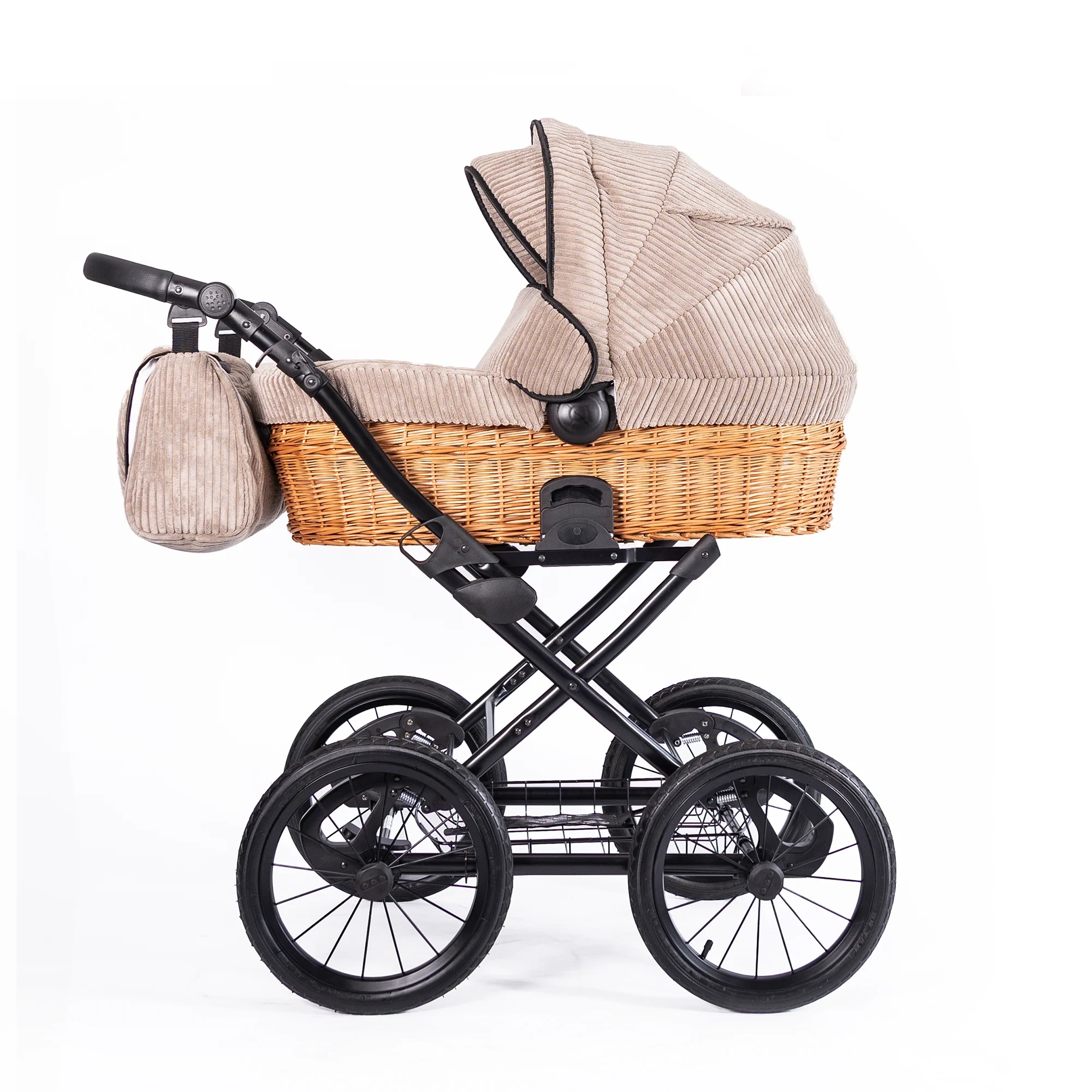 Korbkinderwagen "Nature" im zeitlosen Retro Design - XL Liegefläche - Cordstoff braun 