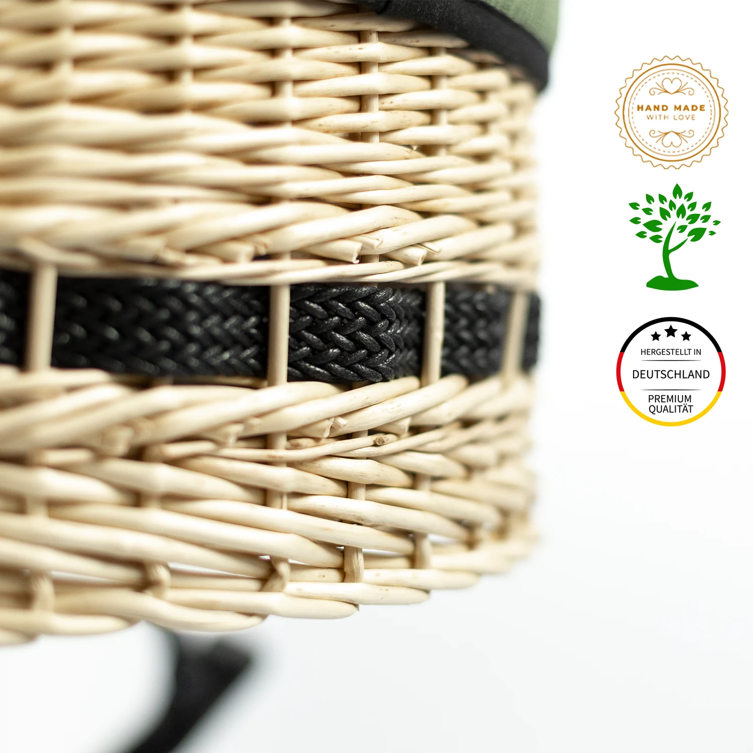 Korbkinderwagen "Litus" - Cord grün - mit 81cm Liegefläche - 100% Naturweide - Riemenfederung - 14 Zoll Räder - große Wickeltasche